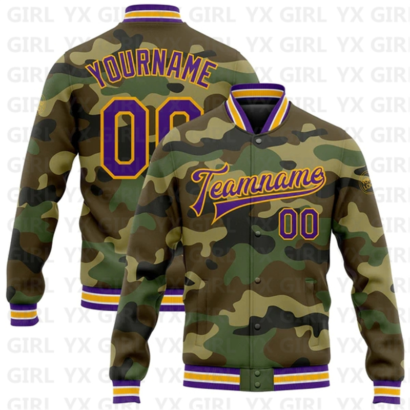 Varsity Jacket Letterman - Jaqueta Varsity Personalizada Camo Roxo-Dourado com